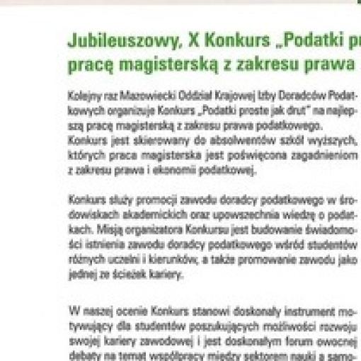 Jubileuszowy X Konkurs "Podatki proste jak drut" na najlepszą pracę magisterską z zakresu prawa podatkowego